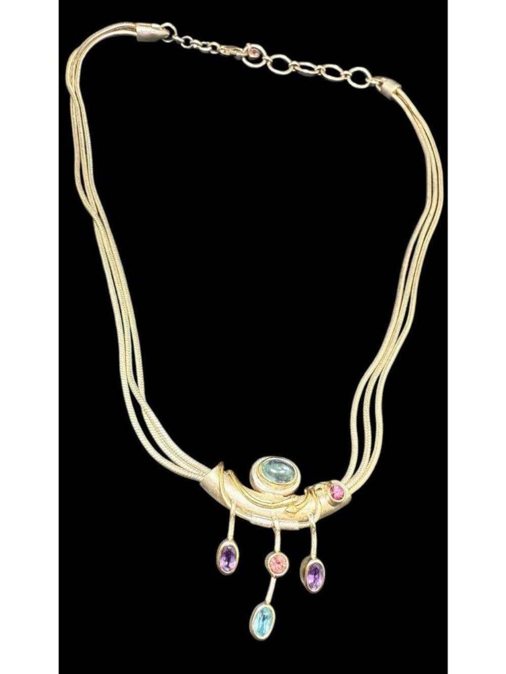 Artisan Sterling Silver Multi Gemstone Three Strand Necklace Mid Century Modern